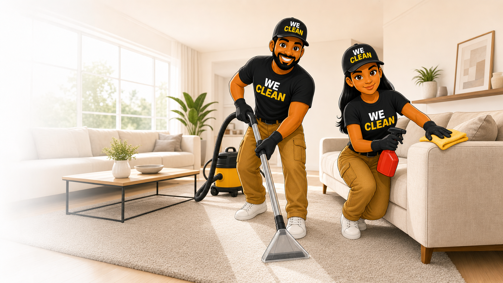 WE CLEAN team cleaning a living room and sofa
